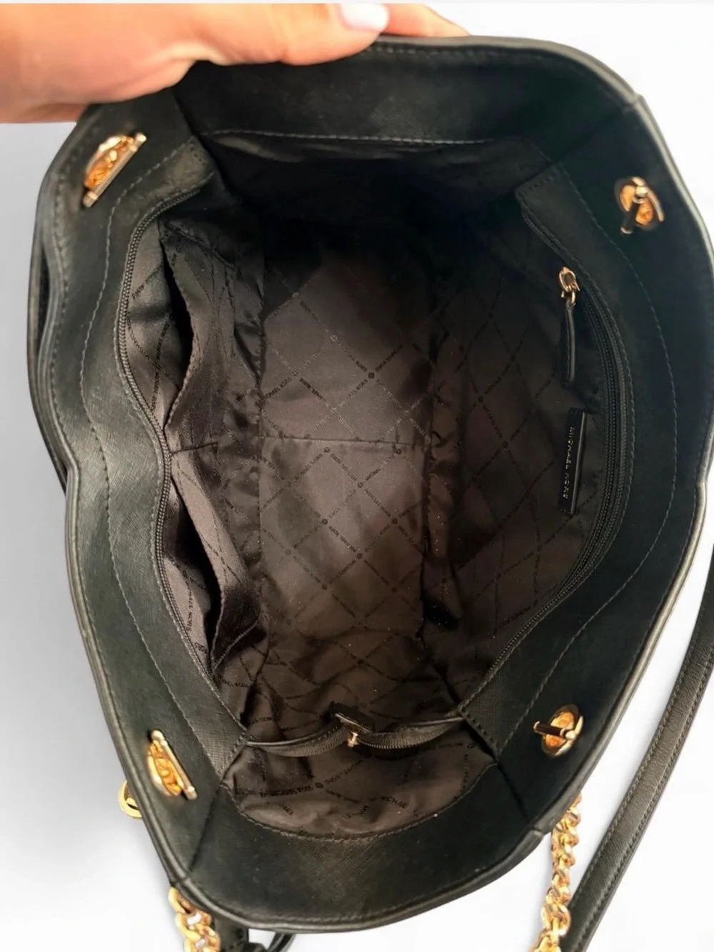 MICHAEL KORS Black Saffiano Leather Tote with Gold Chain Accents
